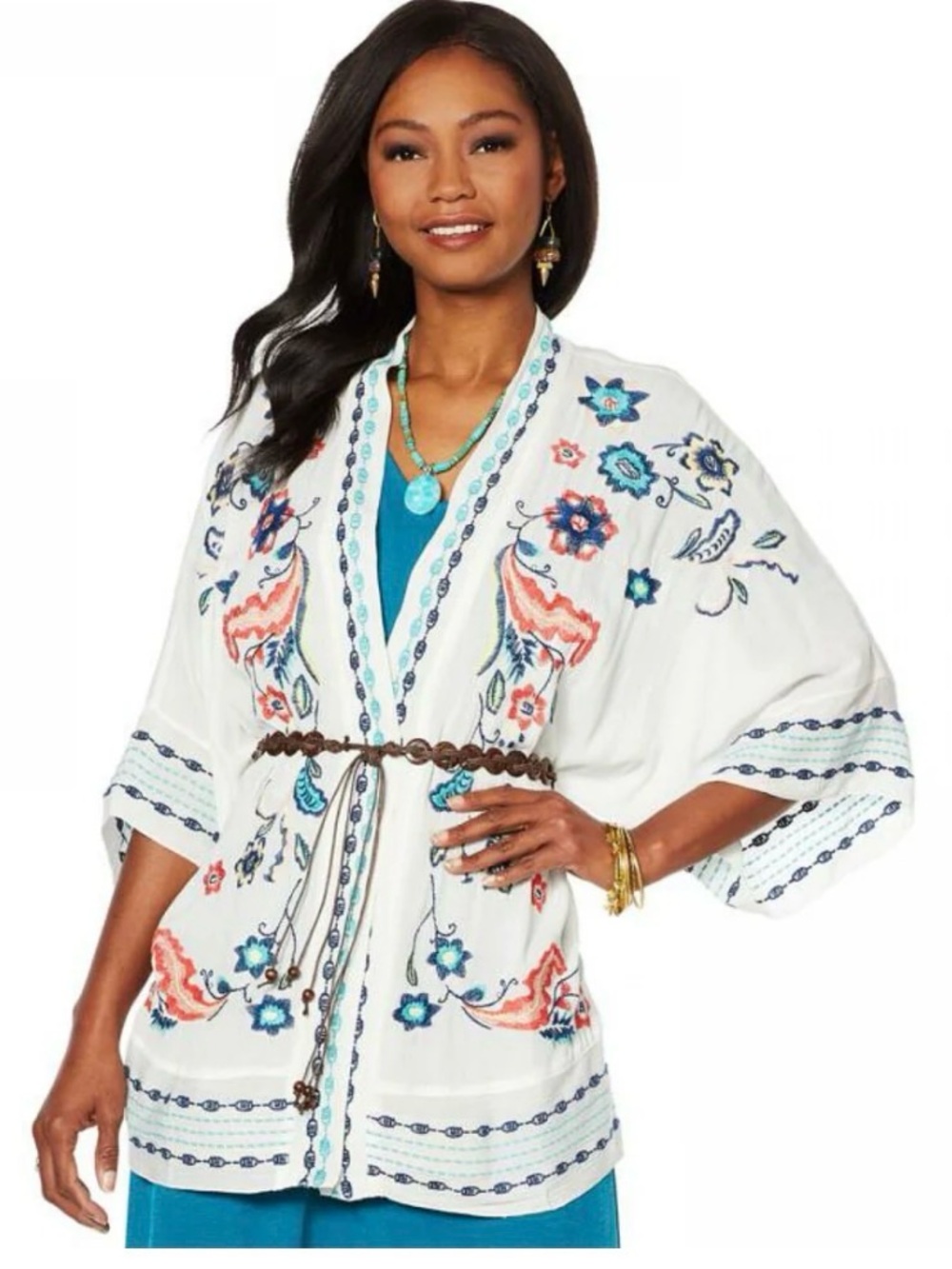 Curations Embroidered White Floral Kimono Cardigan Size M/L
